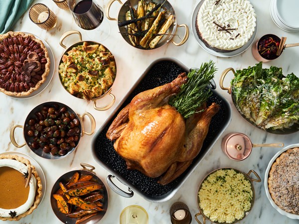 Overhead view of traditional Thanksgiving meal