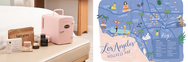 A picture of beauty products and a beauty fridge on a bench at The Maybourne Beverly Hills Spa, next to a sketch of Los Angeles map